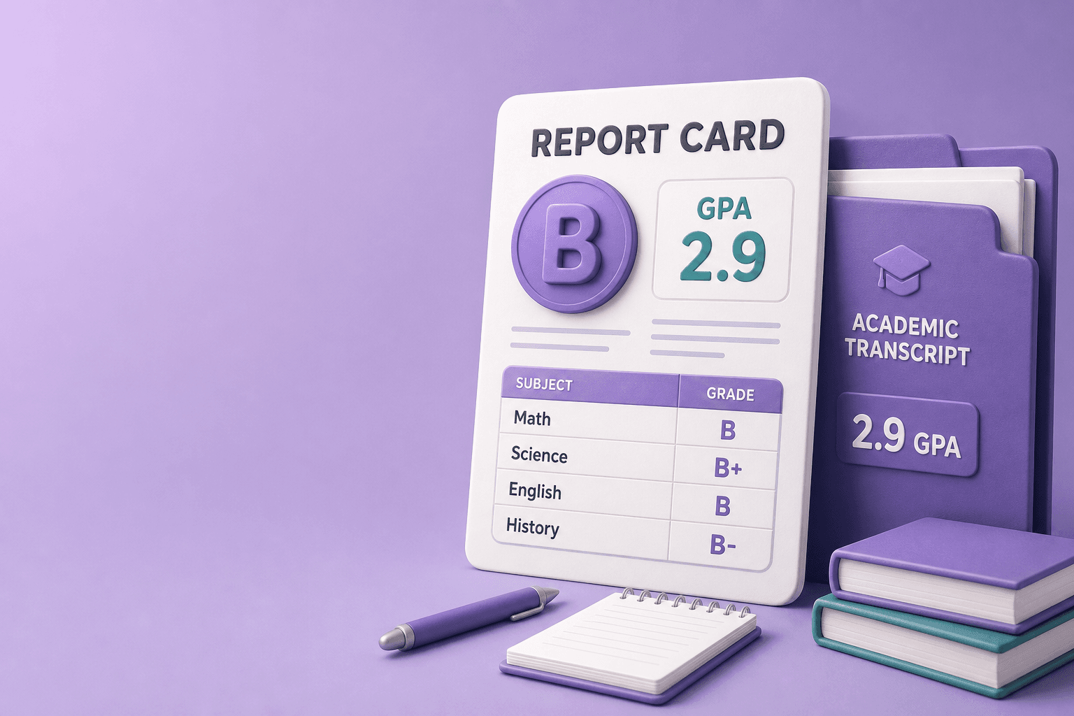Illustration of a report card showing 2.9 GPA and letter grade B on a purple academic background