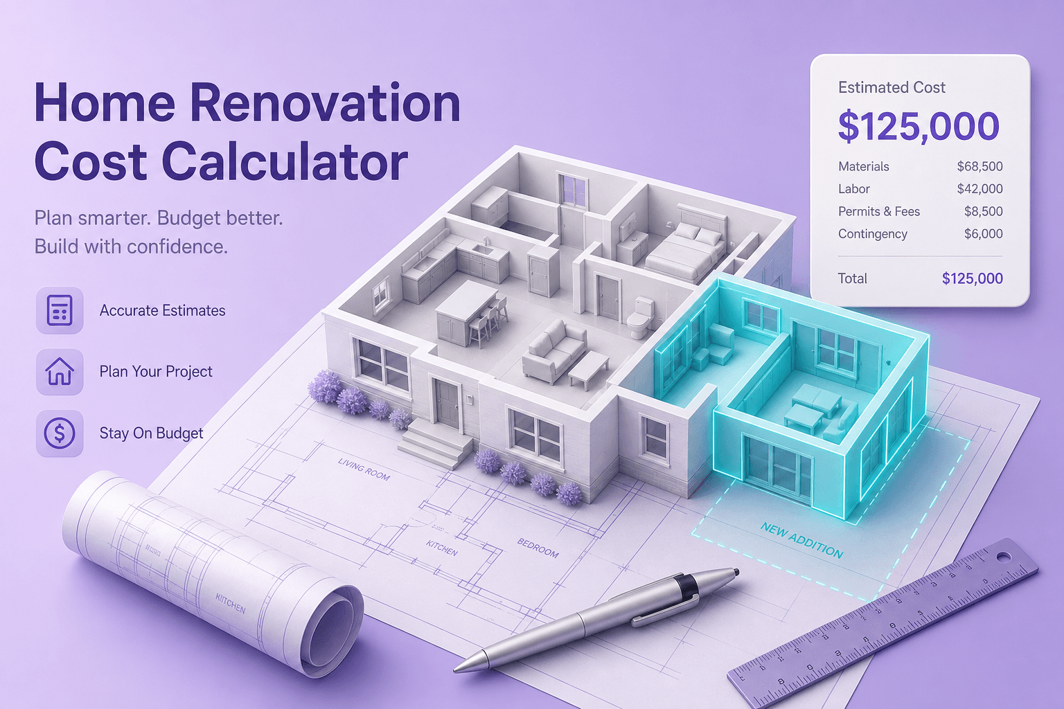 Illustration of a house floor plan with a highlighted home addition and an estimated cost display on a purple construction planning background