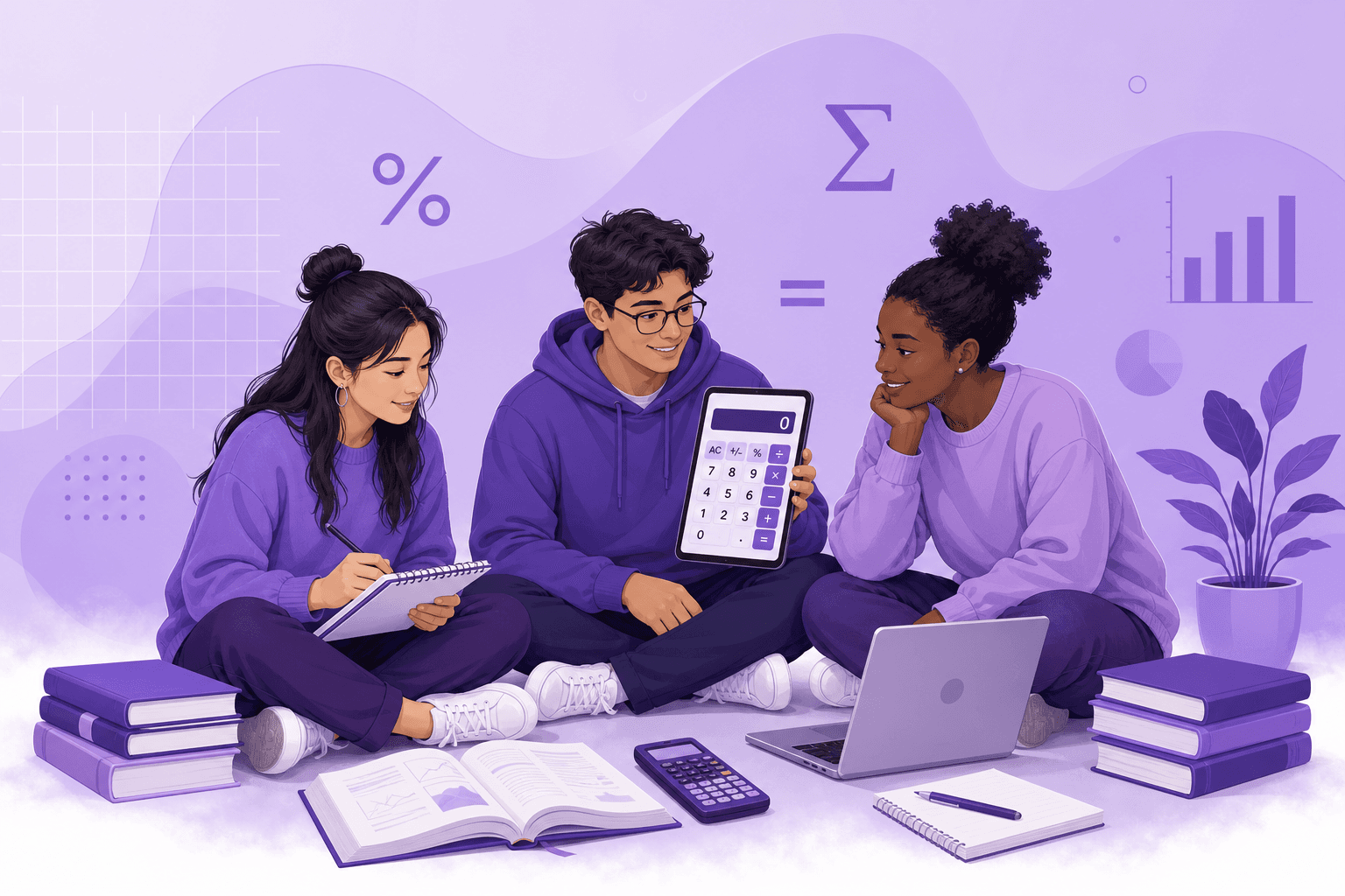 Illustration of students using calculators and study tools with a purple theme