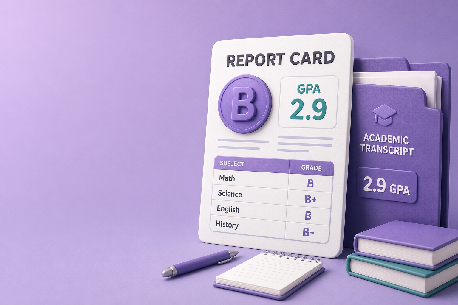 Illustration of a report card showing 2.9 GPA and letter grade B on a purple academic background